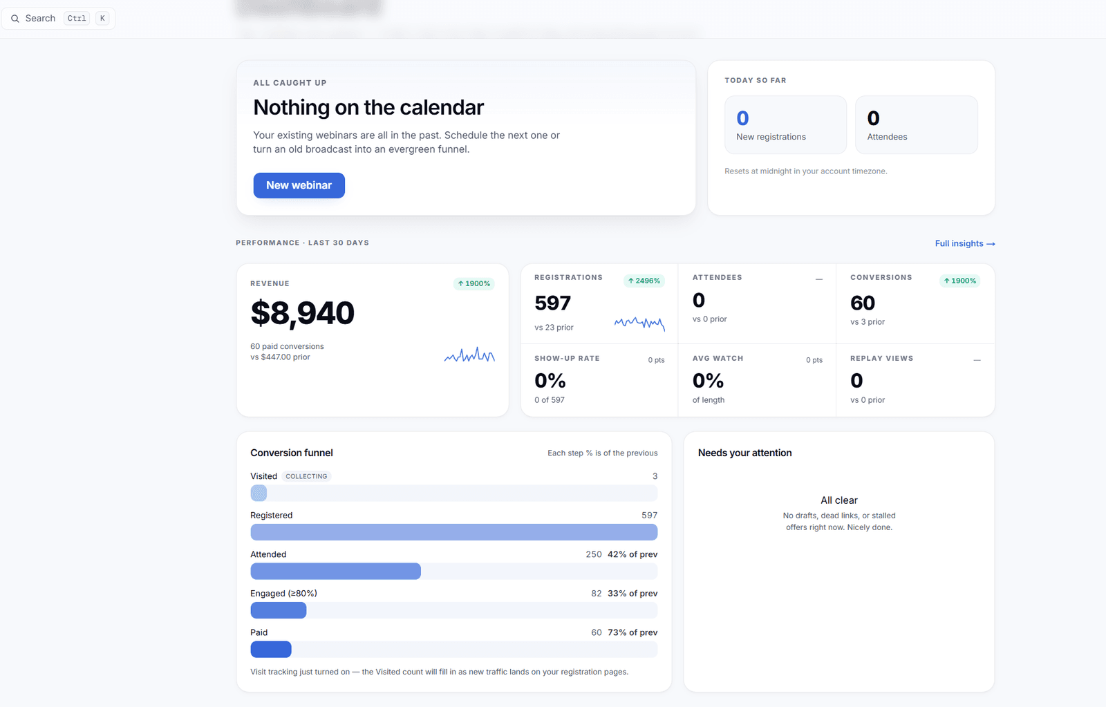 Heatcord dashboard on desktop showing $8,940 revenue in the last 30 days, registrations, attendees, and the registration-to-paid conversion funnel