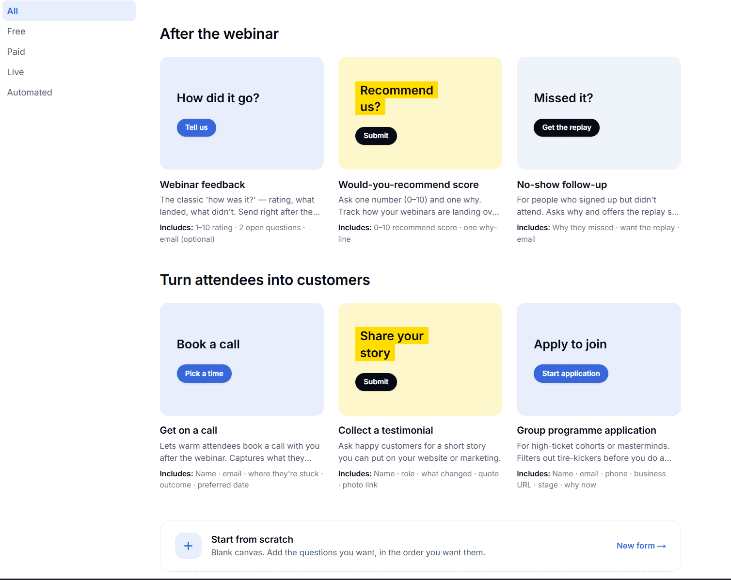 Heatcord HeatYform template gallery with after-the-webinar and turn-attendees-into-customers forms including feedback, no-show follow-up, book a call, testimonial, and application