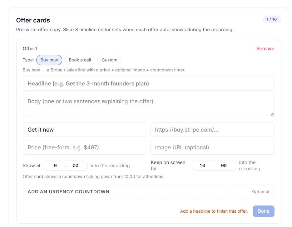 Heatcord in-room offer card editor with Buy now, Book a call, and Custom types, a Stripe checkout link, price, and a countdown timer that auto-shows during the webinar
